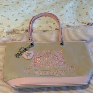 Juicy Couture Beige and Pink Embroidered Suede Tote